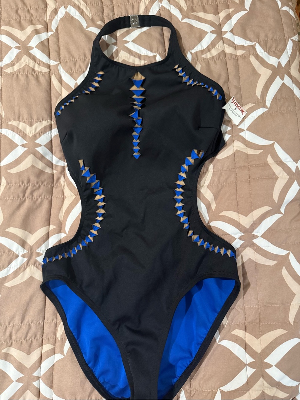 Kenneth Cole Black One-Piece Swimsuit with Blue Cutout Accents